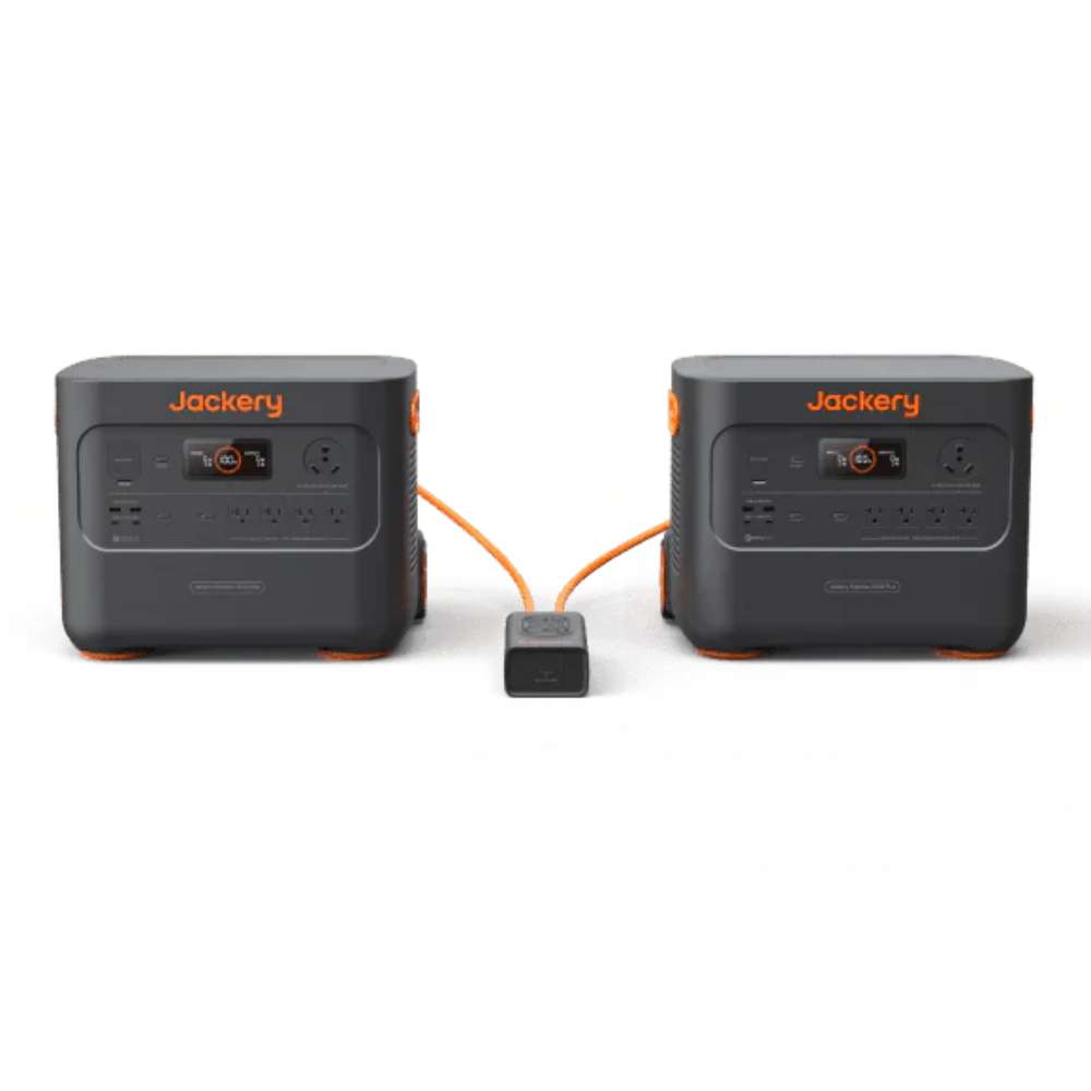 Two Jackery Explorer 2000 Plus Portable Power Station units are connected together to increase available power capacity