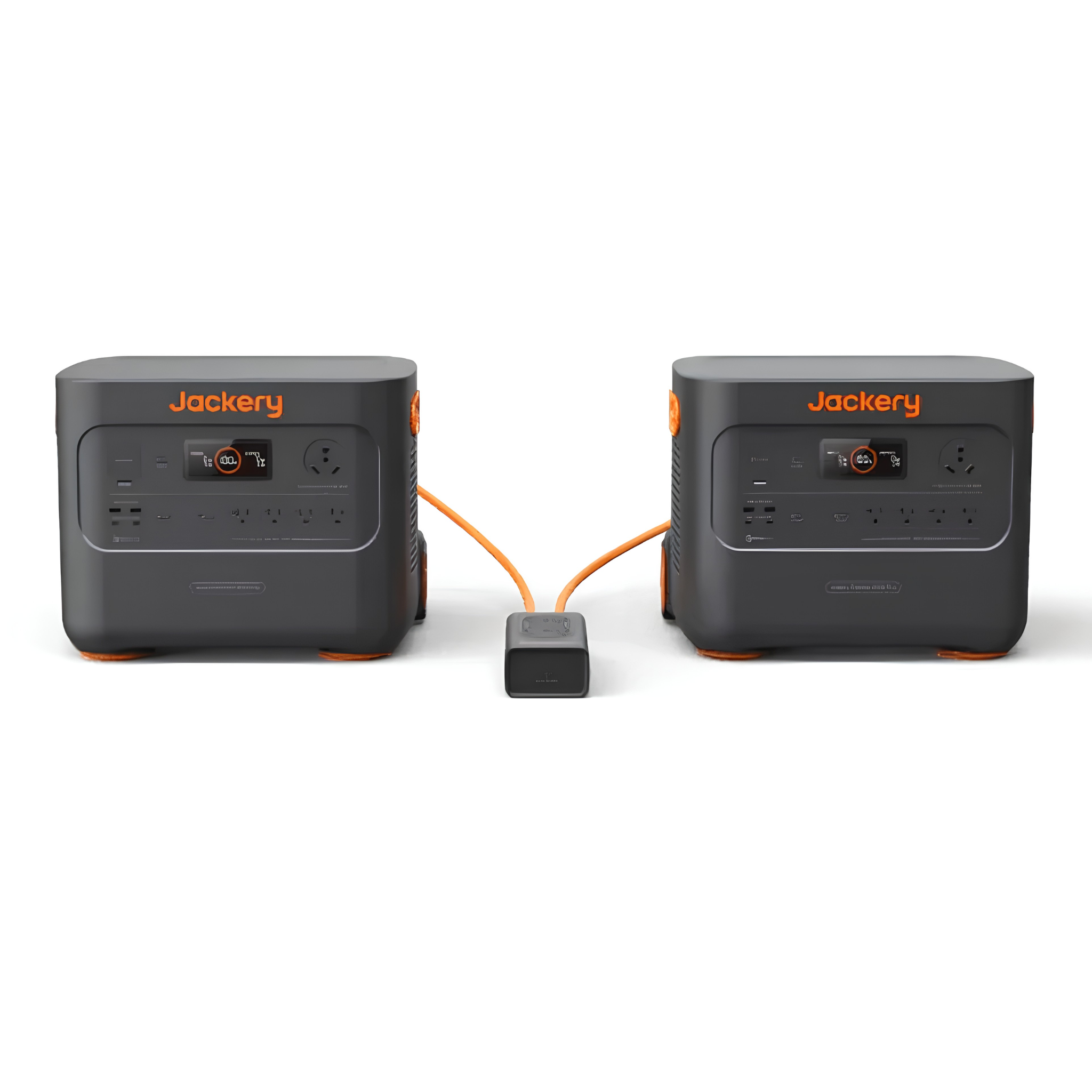 Two Jackery Explorer 2000 Plus Portable Power Station units are connected together to increase available power capacity
