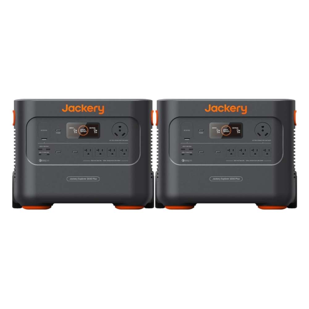 Two Jackery Explorer 2000 Plus Portable Power Station units are displayed side by side against a white background for comparison