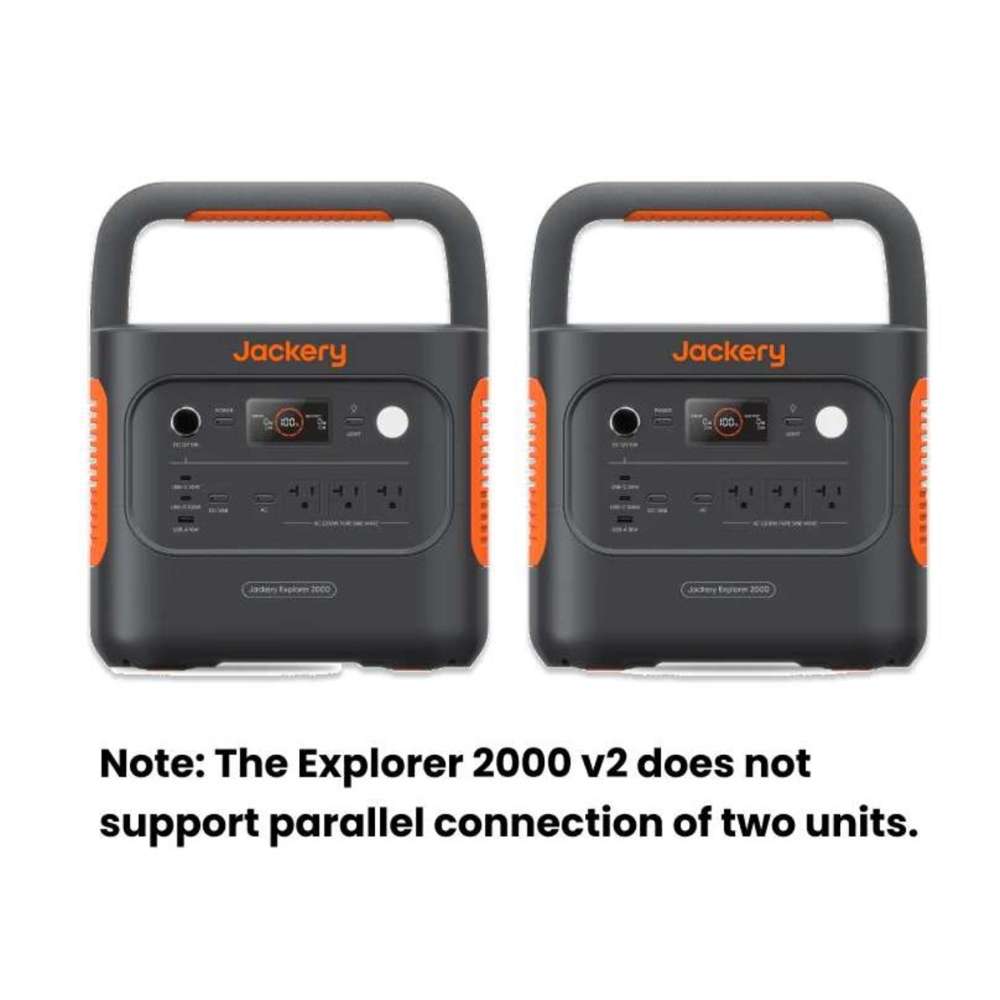 Two Jackery Explorer 2000 V2 Portable Power Station units are shown with a note explaining that the model does not support parallel connection