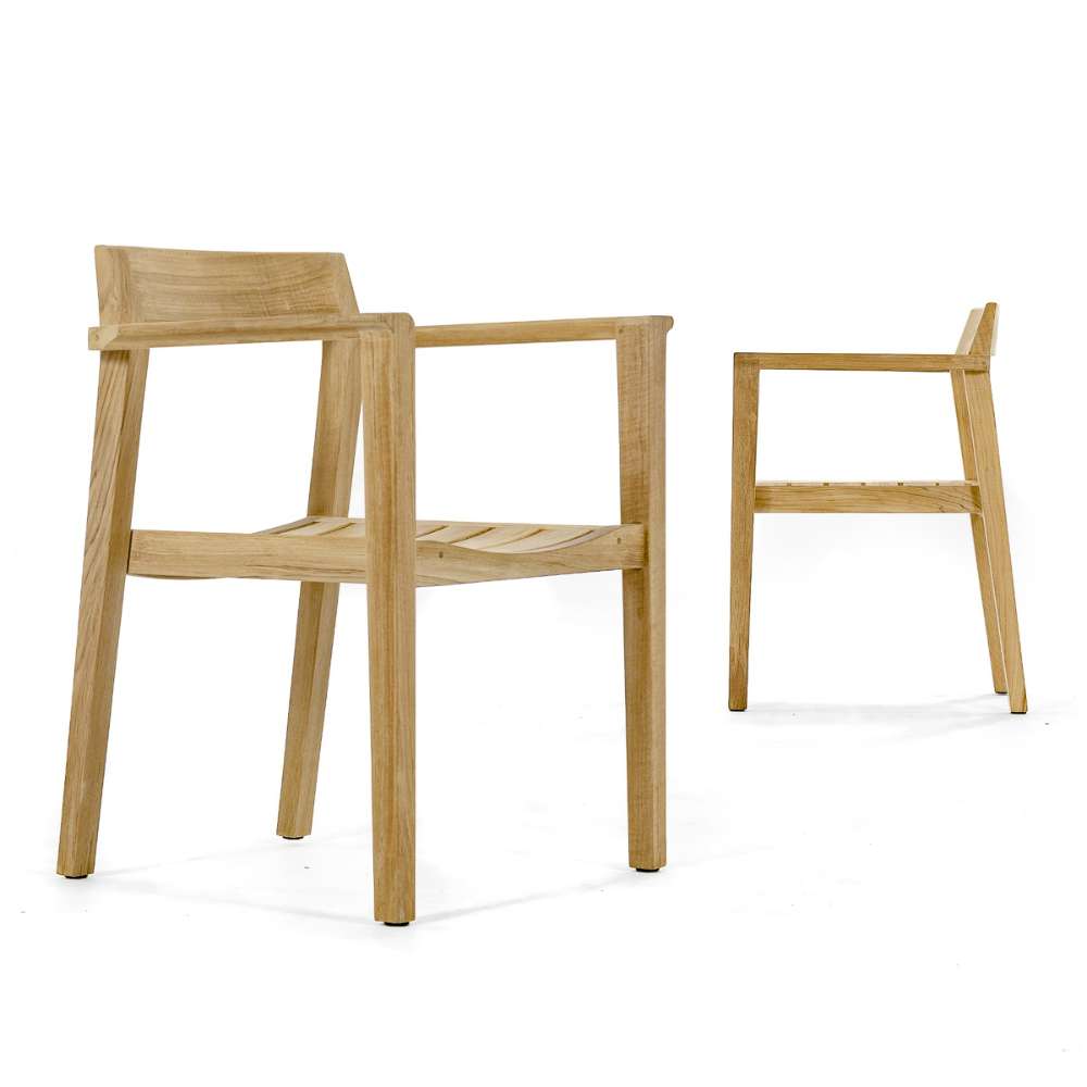 Two Westminster Teak Horizon Teak Dining Armchairs are shown side by side, one from the side and one at an angle