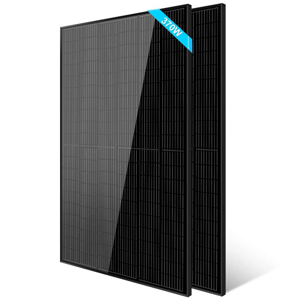 Two black solar panels from Sun Gold Power 370W Mono Black PERC Solar Panel Full Pallet (32 Panels) are displayed upright against a clean white background