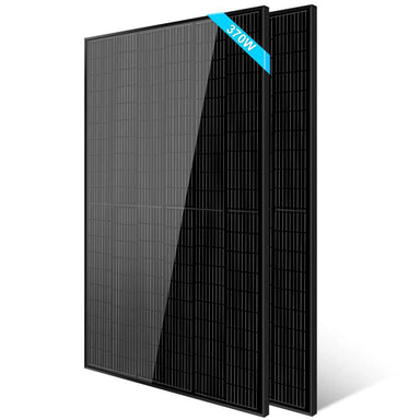 Two black solar panels from Sun Gold Power 370W Mono Black PERC Solar Panel Full Pallet (32 Panels) are displayed upright against a clean white background