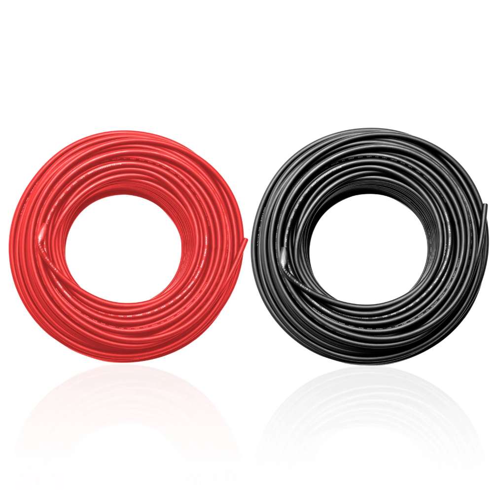 Two coiled red and black electrical cables labeled Sun Gold Power 200ft Solar Cable are displayed side by side against a white background