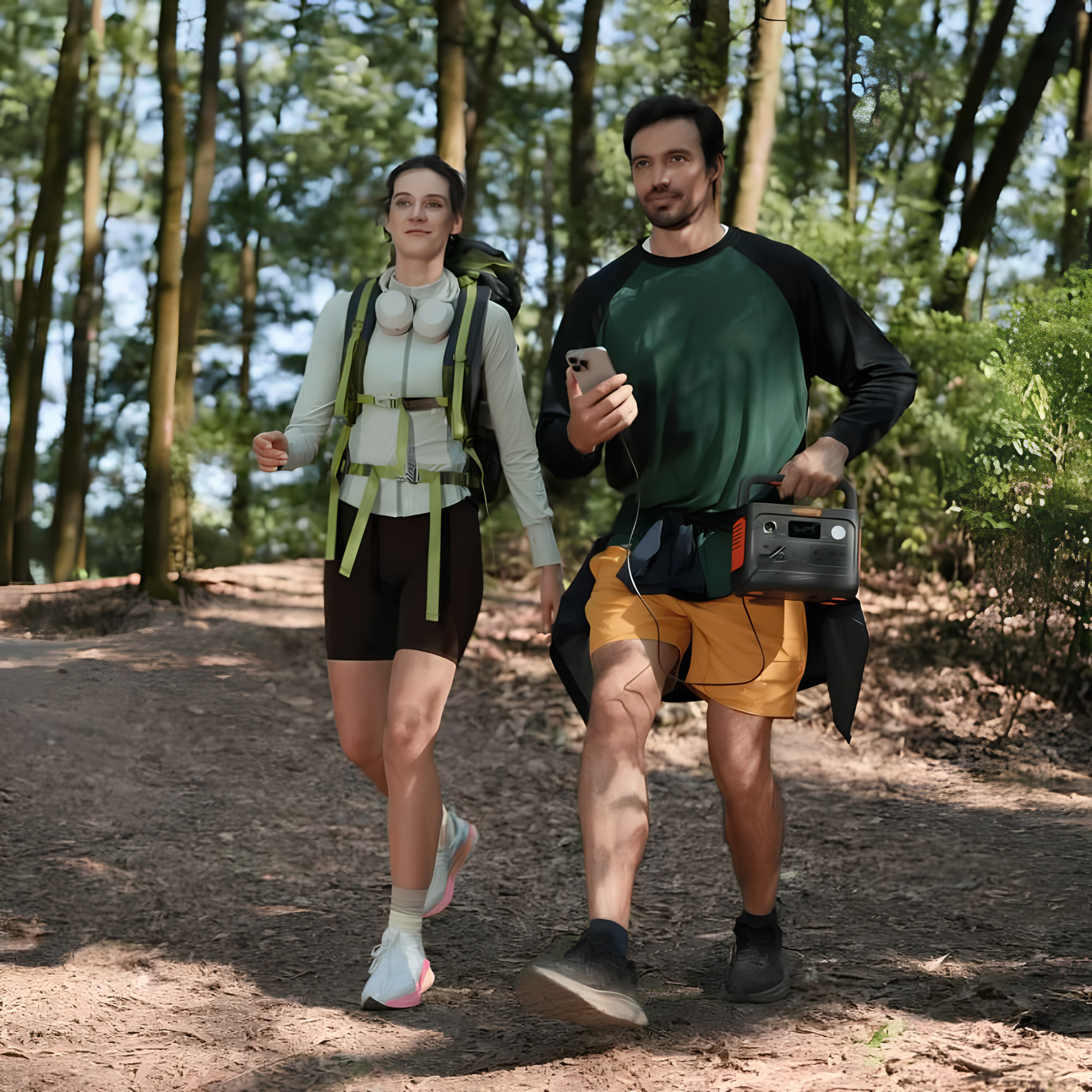 Two hikers walk through a forest while carrying Jackery Explorer 300 v2 Portable Power Station for portable outdoor power
