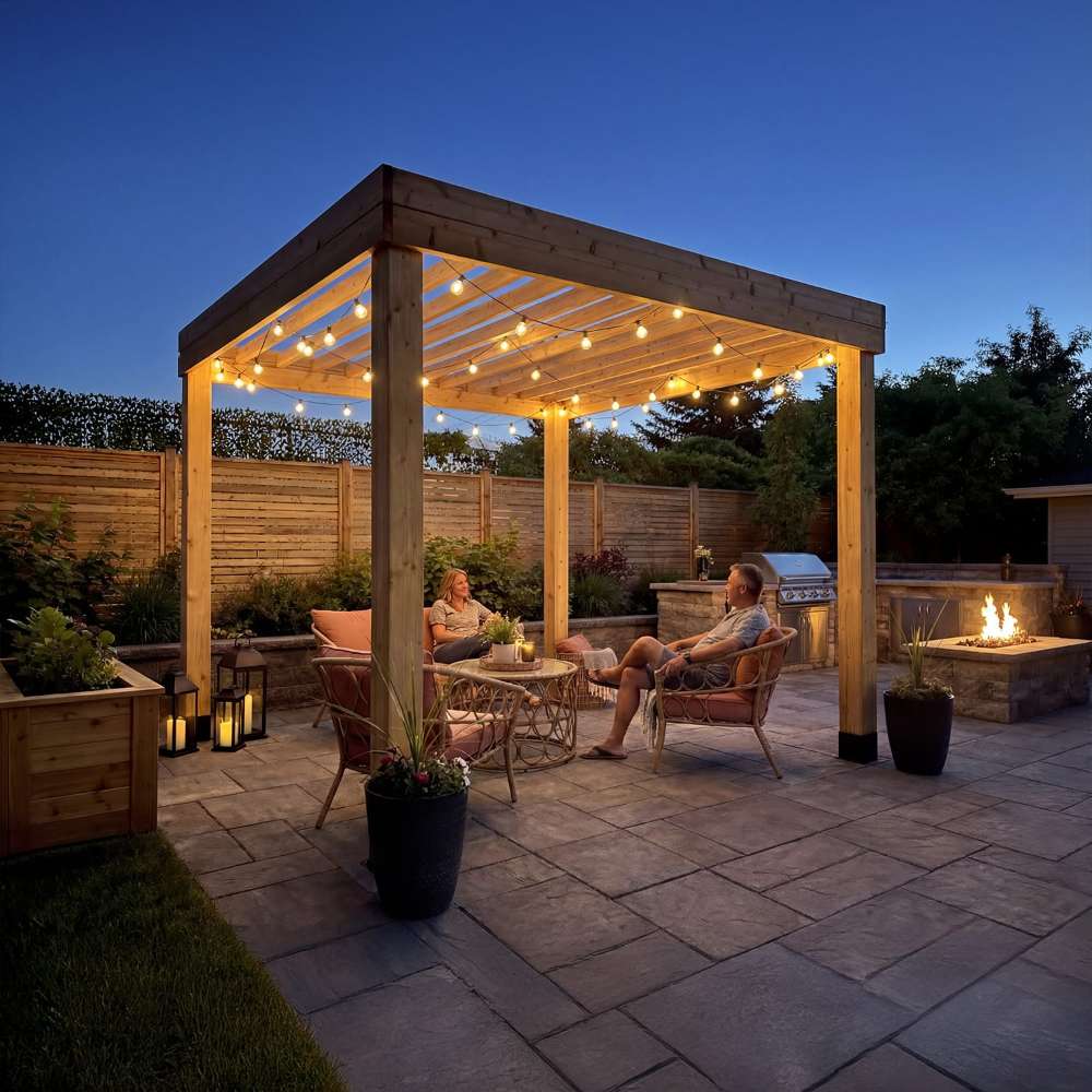 Two people relaxing under a lit pergola at night with the Outdoor Living Today Western Red Cedar Urban Escape Pergola