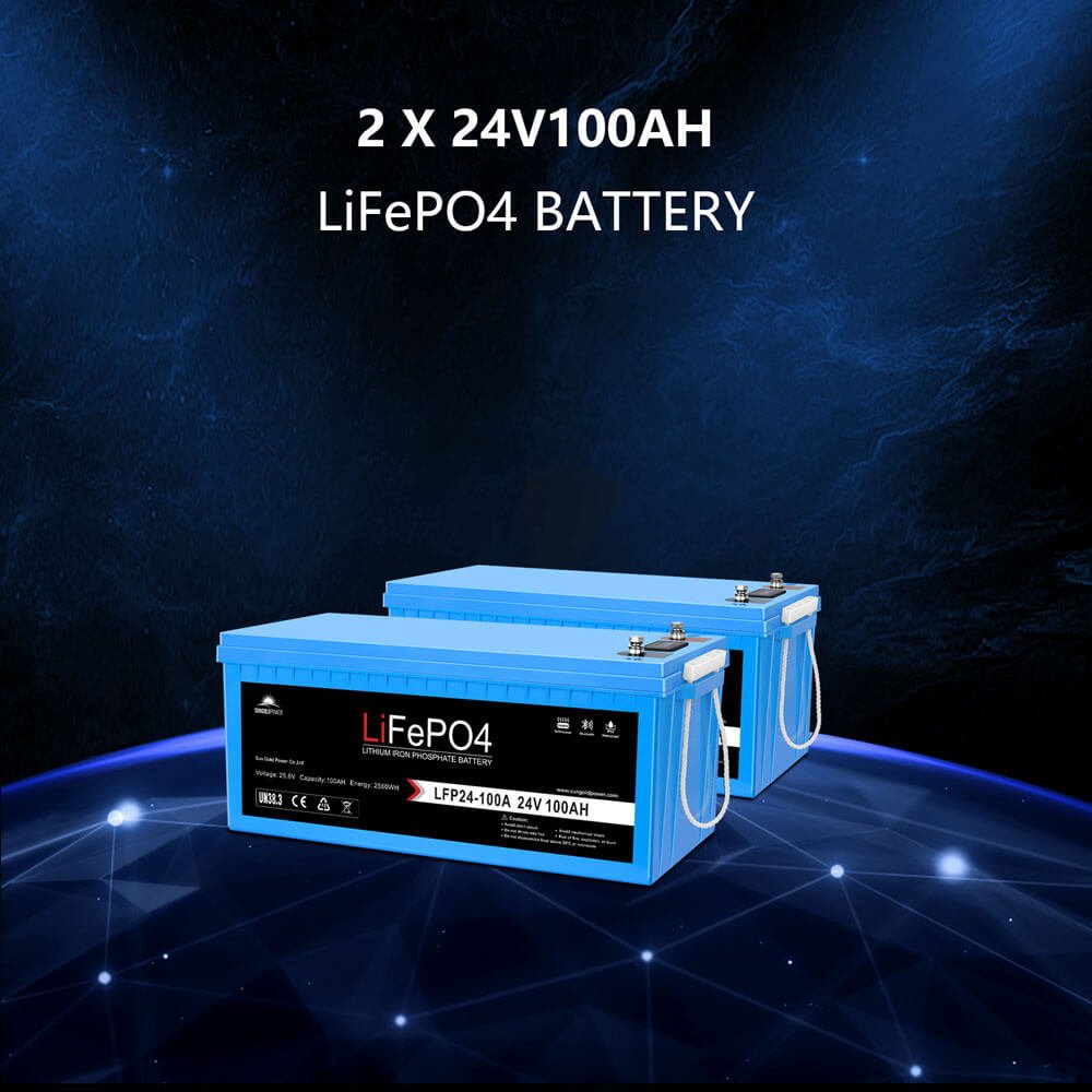 Two stacked 24V 100Ah LiFePO4 lithium batteries providing 5.12kWh of storage in the Sun Gold Power 3000W 24V 120V 5.12KWH Lithium Battery 800W Solar Panel Off-Grid Solar Kit