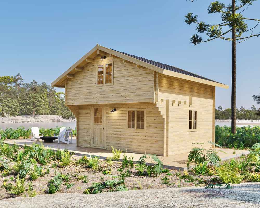 Two-story wooden cabin surrounded by lush greenery and outdoor seating showcases the exterior of Sawmill Structures The Northwood Grand SD 70mm Garden Room