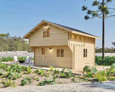 Two-story wooden cabin surrounded by lush greenery and outdoor seating showcases the exterior of Sawmill Structures The Northwood Grand SD 70mm Garden Room