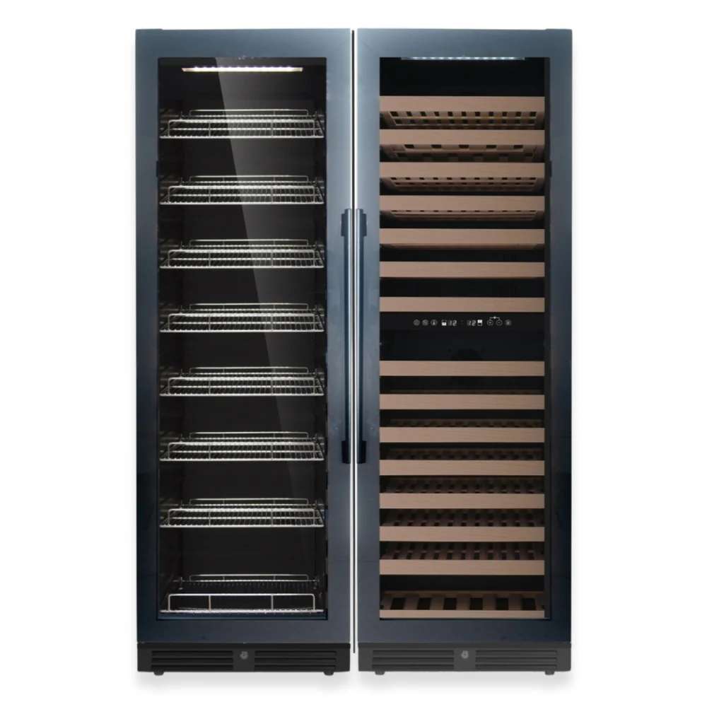 Two tall glass-door units with separate sections for drinks and wine show KingsBottle Upright Wine & Beverage cooler Combo With Triple Temp Zones