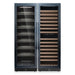 Two tall glass-door units with separate sections for drinks and wine show KingsBottle Upright Wine & Beverage cooler Combo With Triple Temp Zones