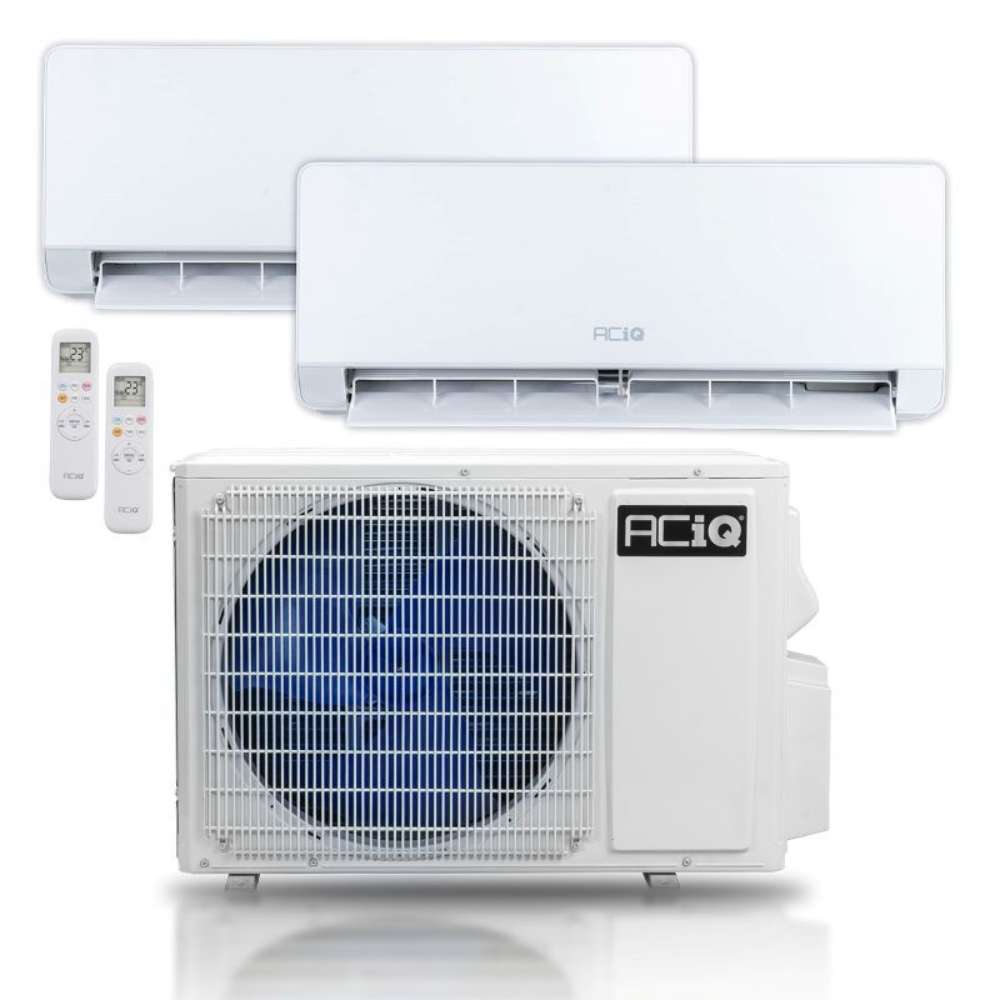 Two white wall mount air handlers, two remote controls, and an outdoor condenser make up the ACiQ 18000 BTU Essentials 22 SEER2 2 Zone Wall Mount Mini Split Heat Pump System