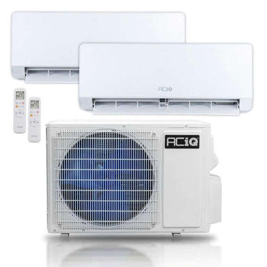 Two white wall mount air handlers, two remote controls, and an outdoor condenser make up the ACiQ 18000 BTU Essentials 22 SEER2 2 Zone Wall Mount Mini Split Heat Pump System