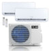 Two white wall mount air handlers, two remote controls, and an outdoor condenser make up the ACiQ 18000 BTU Essentials 22 SEER2 2 Zone Wall Mount Mini Split Heat Pump System