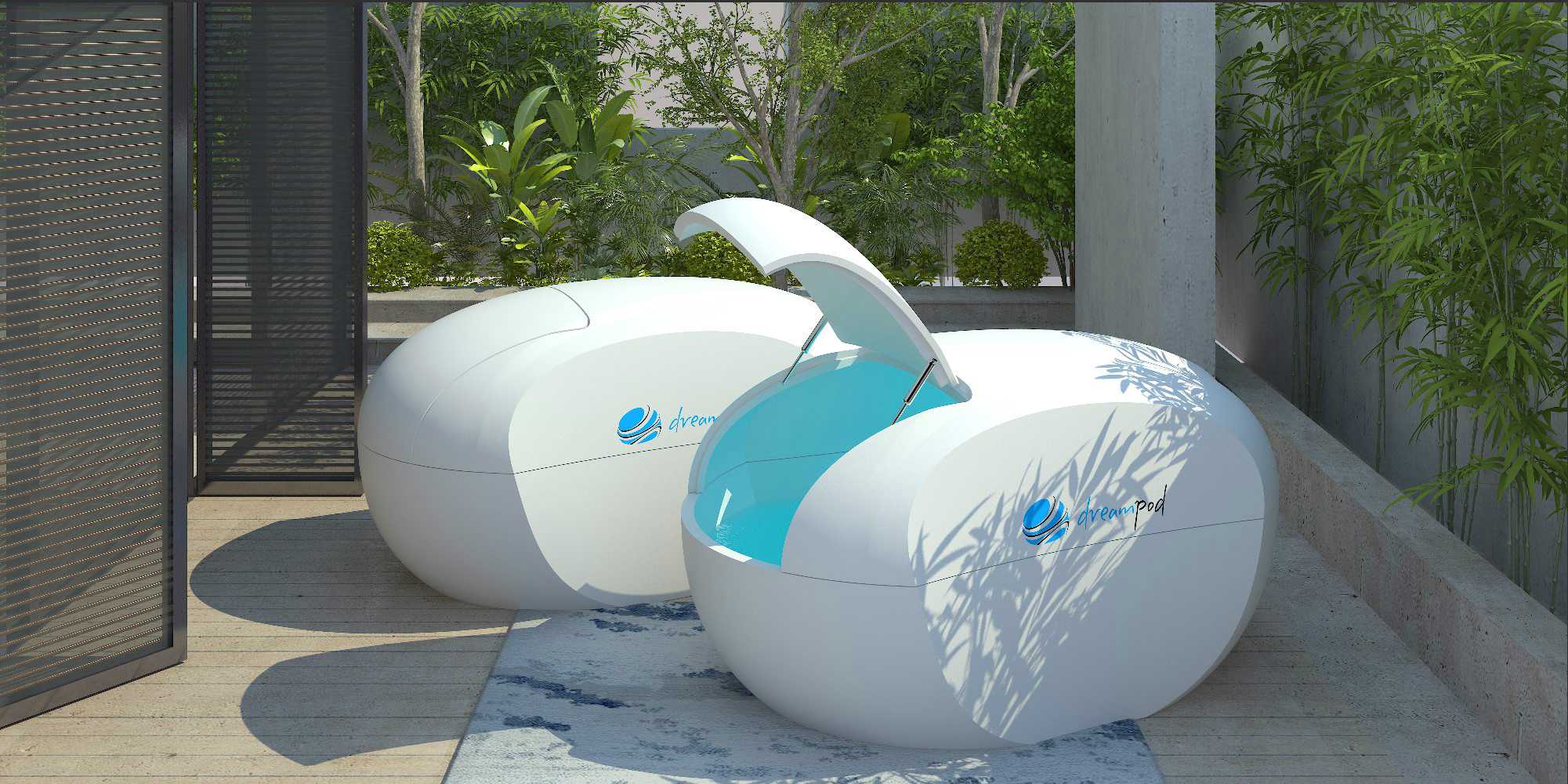 Two Dreampod Home Float Plus units sit in a minimalist outdoor space with natural light, one pod open to reveal a blue interior