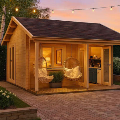 Two cozy hanging chairs with cushions sit under a lit porch attached to the wooden GardenHouse24 USA Lerum 70 Garden Room
