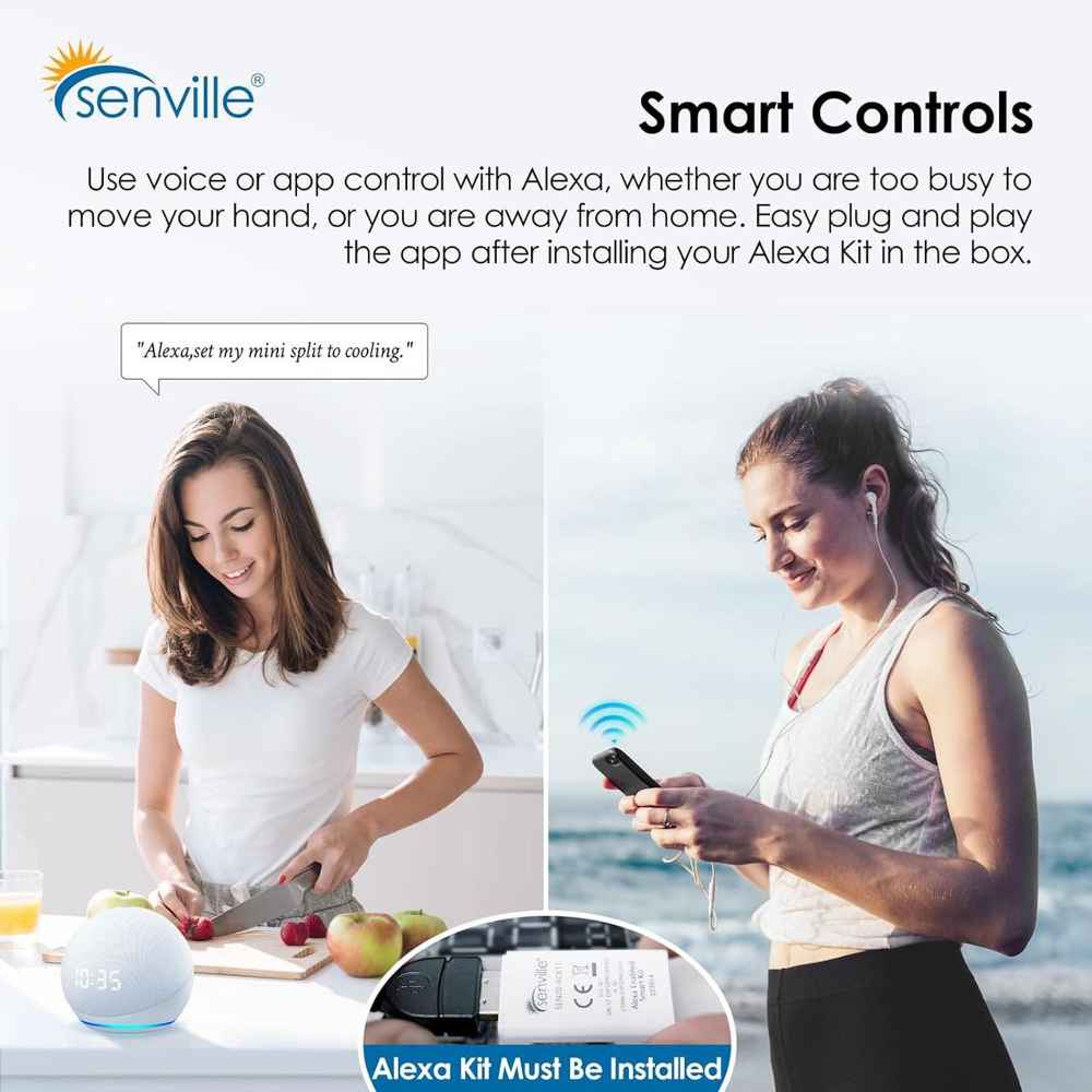 Two women use voice and phone control to operate Senville 28000 BTU Tri-Zone Mini Split Air Conditioner - Heat Pump - SENA30HFT with Alexa integration