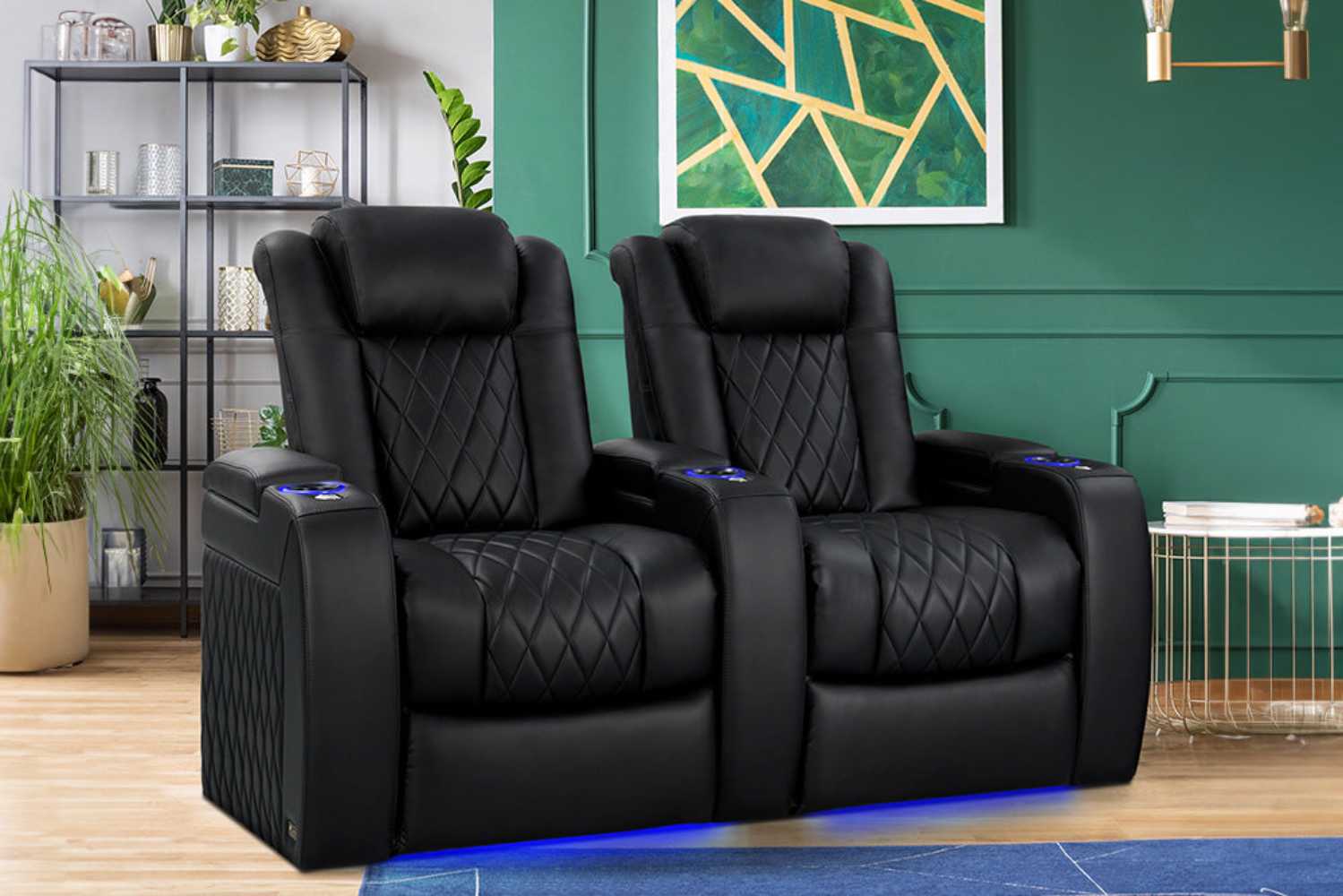 Two deep indigo Valencia Tuscany Vegan Edition Home Theater Seating chairs in sleek black