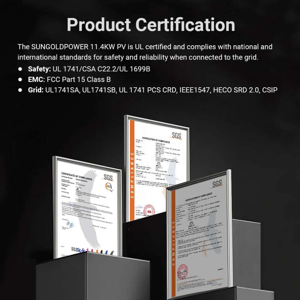 UL-certified Sun Gold Power 11400W 48V Split Phase Hybrid Solar Inverter meeting recognised safety and grid compliance standards