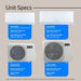Unit specs graphic shows indoor and outdoor unit dimensions and ratings for the ACiQ 18000 BTU Essentials 22 SEER2 2 Zone Wall Mount Mini Split Heat Pump System