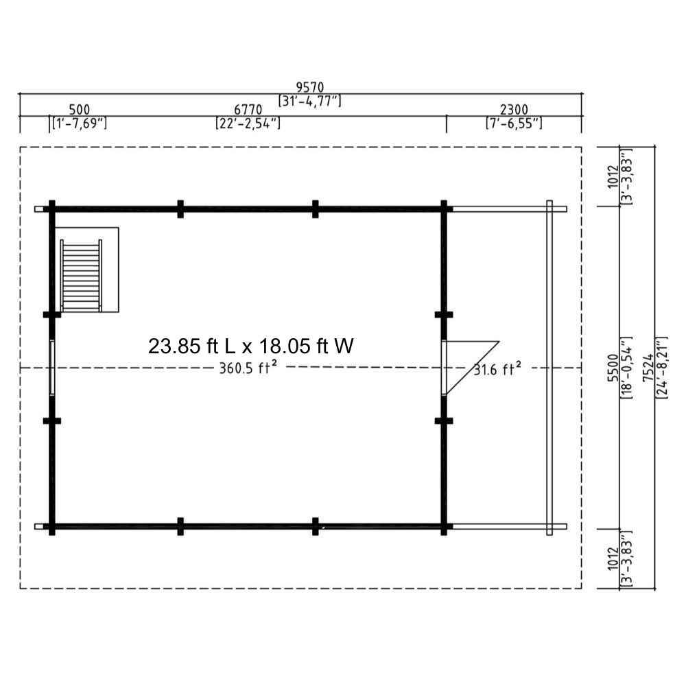 Upper floor layout of GardenHouse24 USA Anders 90A Garden Room reveals an open-plan loft space and access to the balcony