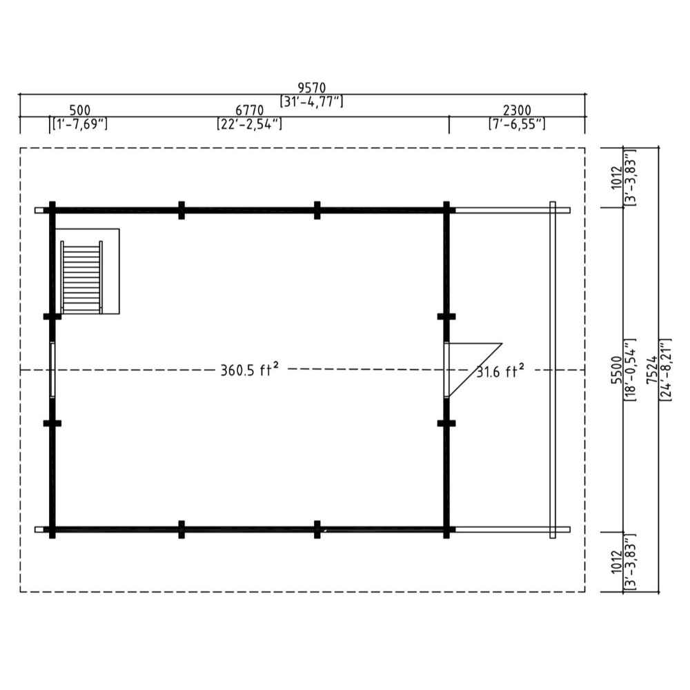 Upper floor layout of the GardenHouse24 USA Anders 90A Garden Room reveals an open-plan loft space and access to the balcony