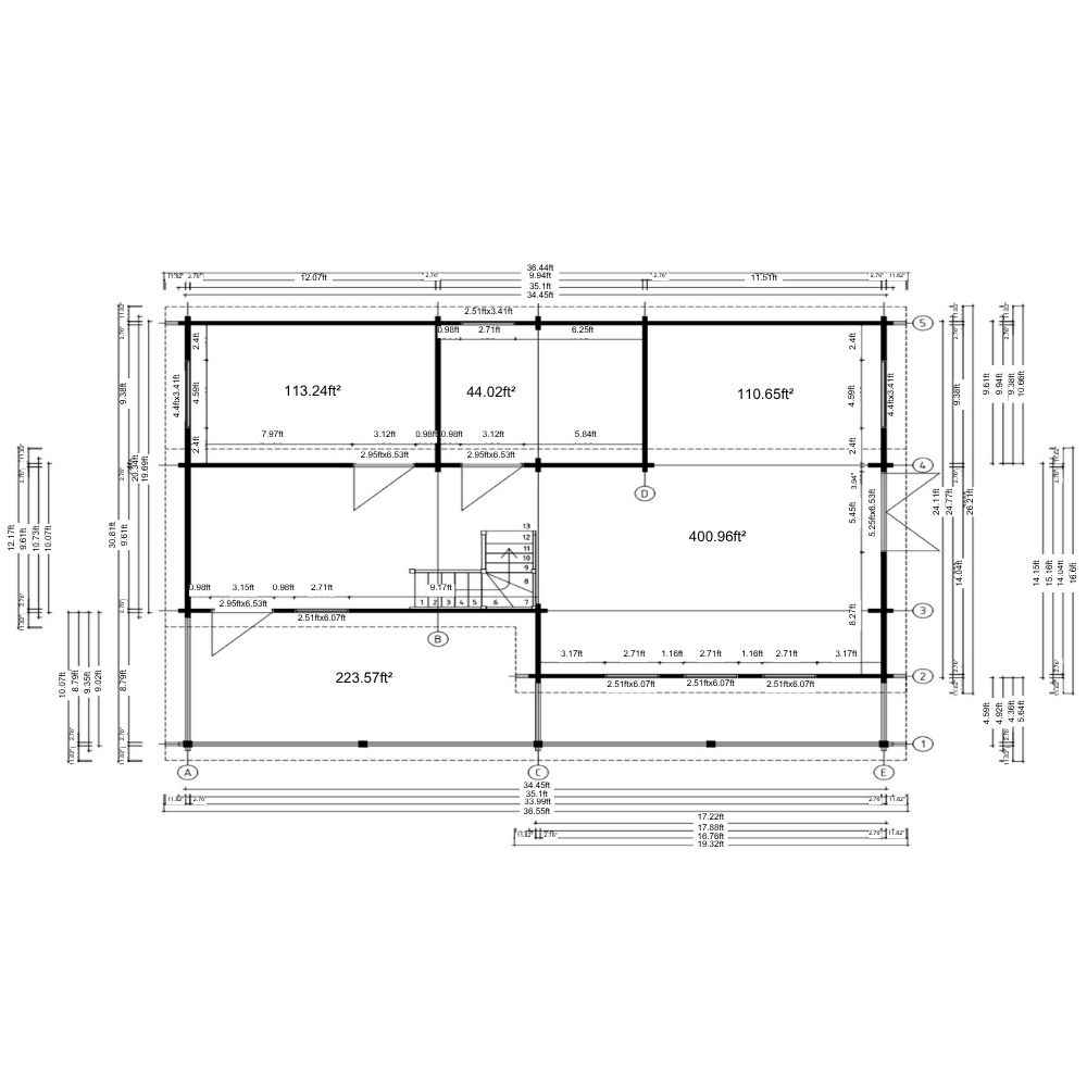 Upper floor plan of GardenHouse24 USA Marcy 70 Garden Room features two rooms with precise measurements and stair access marked