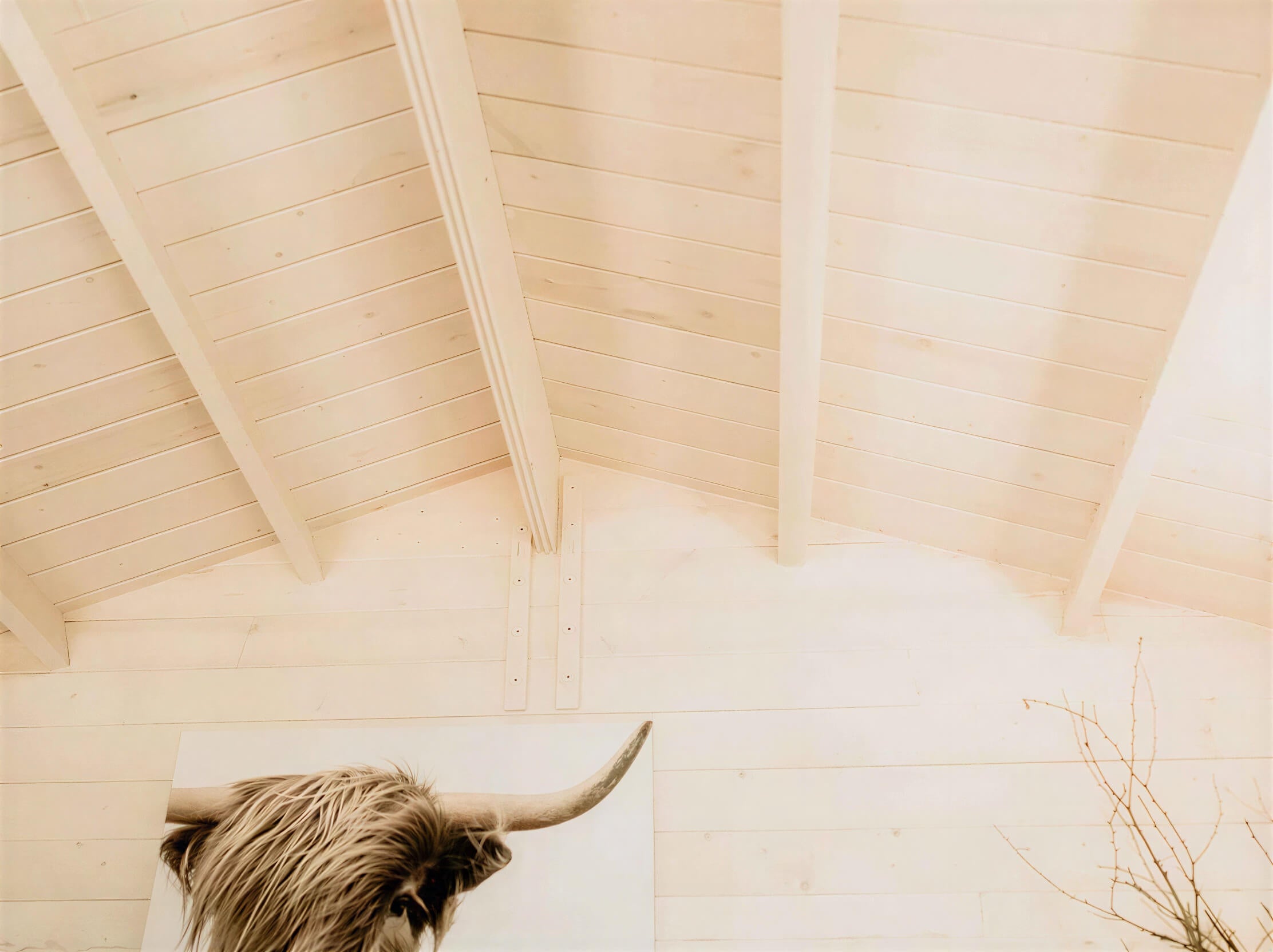 Upward view of a vaulted wooden ceiling with exposed beams in the Sawmill Structures Harvest Grand Bungalow 107 Garden Room