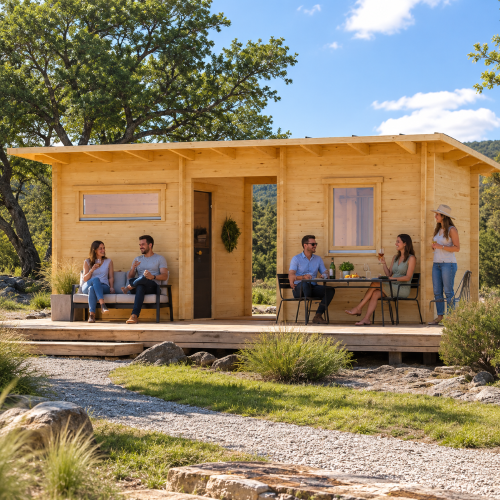 Urho 70 A wooden garden cabin with friends relaxing together on the deck during a sunny afternoon in the Texas Hill Country.