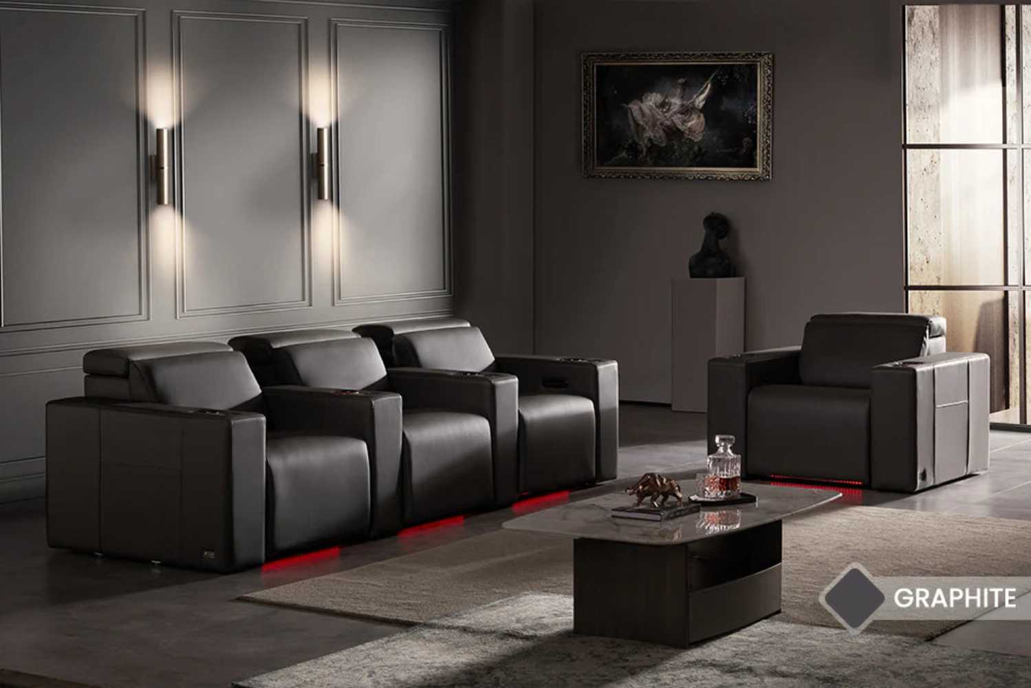 Valencia Barcelona Grand Ultimate Edition Home Theater Seating is elegantly styled in a modern home theater setting