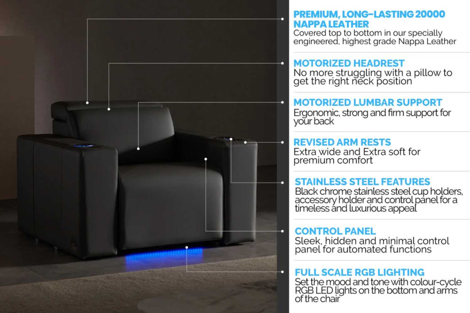 Valencia Barcelona Grand Ultimate Edition Home Theater Seating is made with premium Nappa leather, motorized headrests, lumbar support, and color-changing LED lights