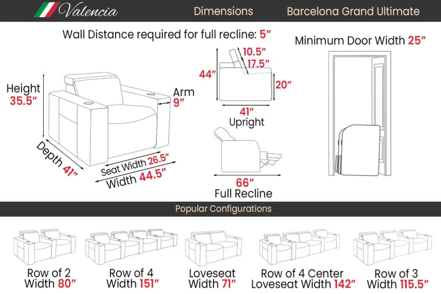 Valencia Barcelona Grand Ultimate Edition Home Theater Seating is outlined with detailed dimensions and configurations