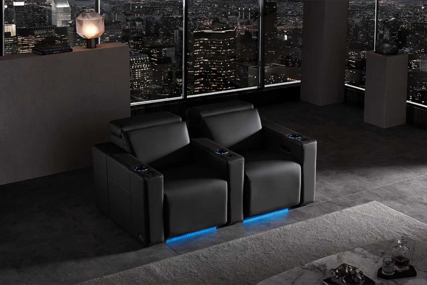 Valencia Barcelona Ultimate Edition Home Theater Seating with dual seats and ambient lighting