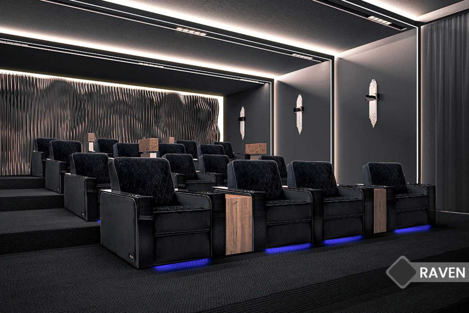 Valencia Naples Prestige Home Theater Seating is arranged in a private cinema room, featuring multiple rows of plush, black reclining chairs