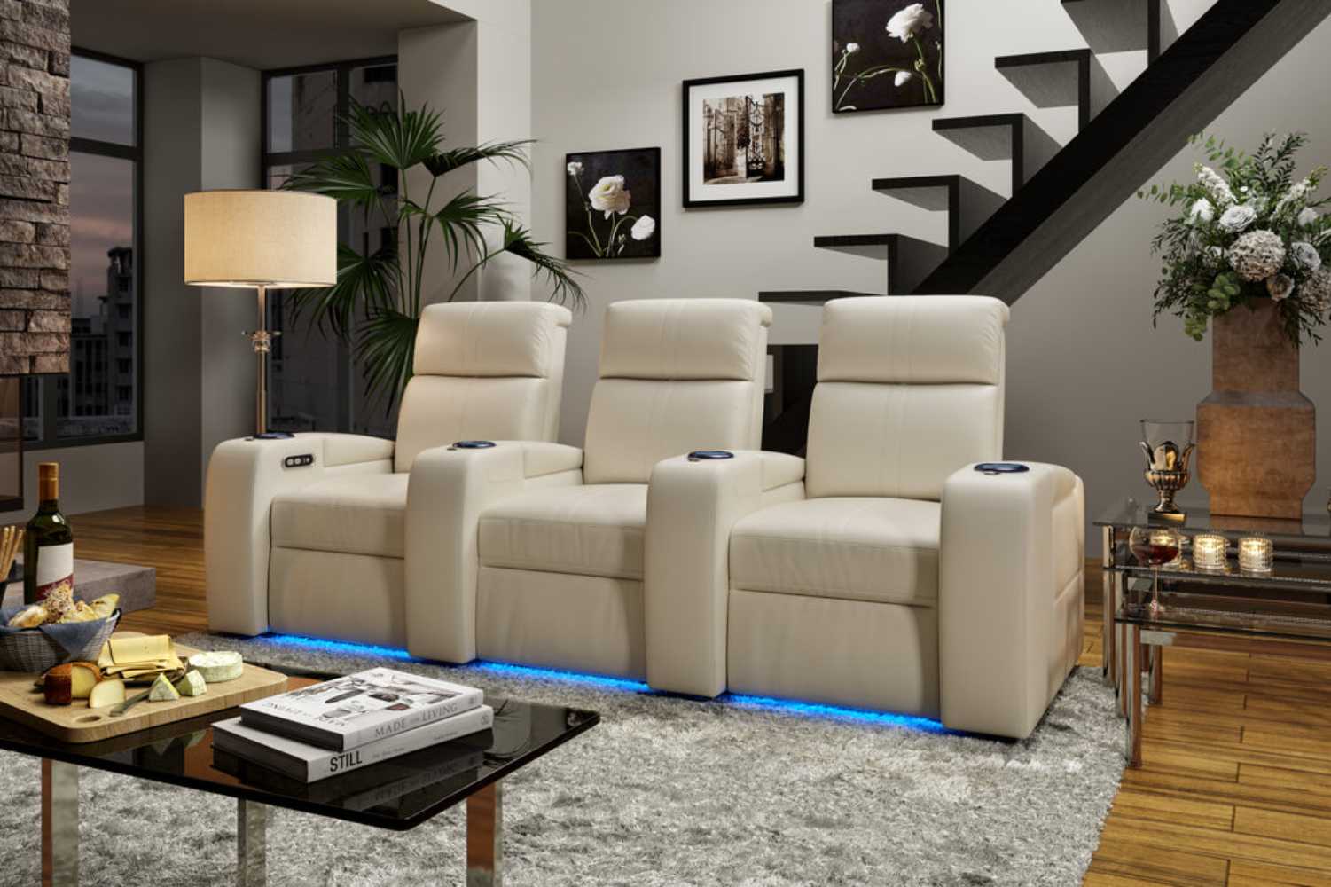 Valencia Natalie Home Theater Seating displays a reclining function and LED accents