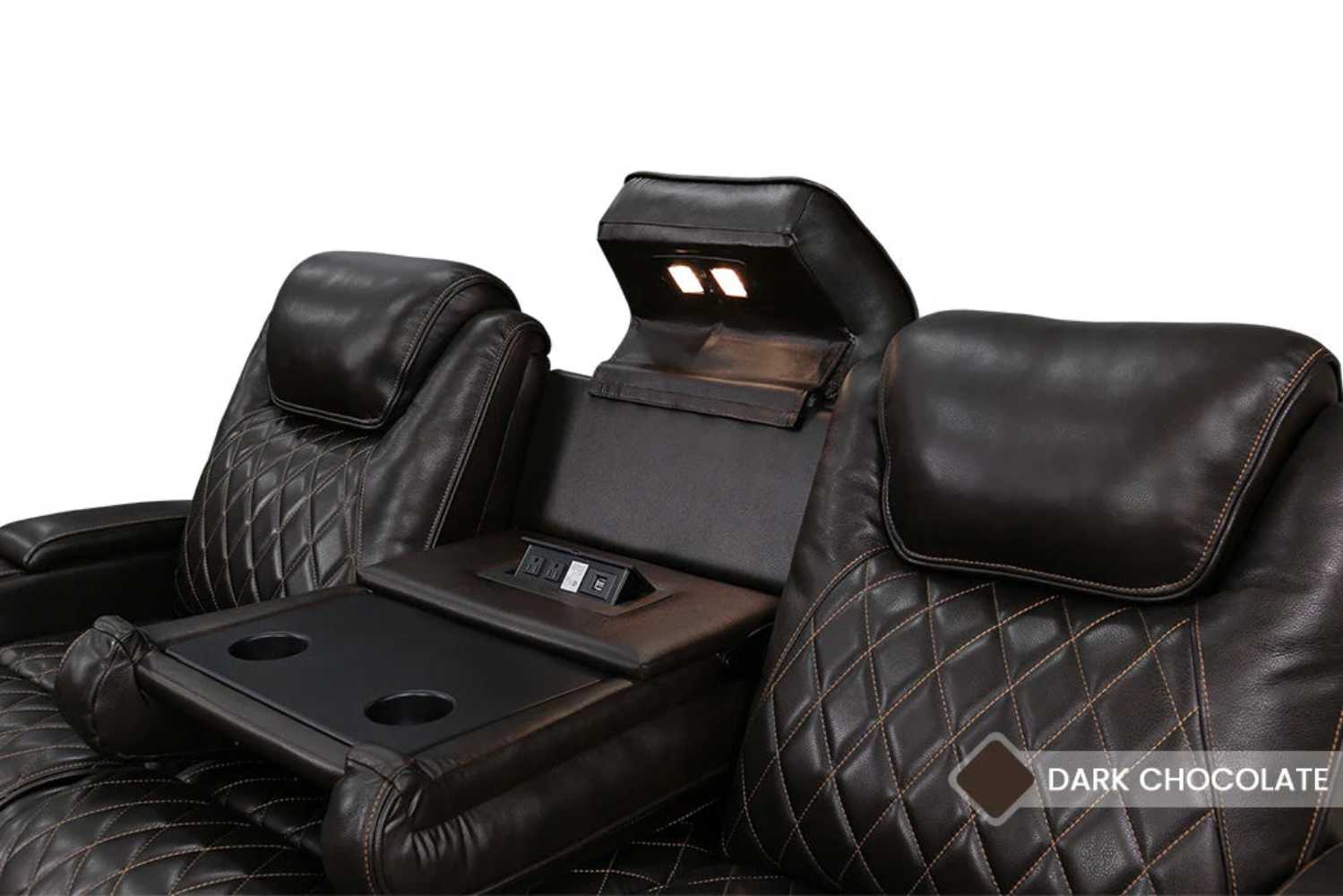 Valencia Oslo Console Edition Home Theater Seating in dark chocolate features a drop-down center console with built-in lights, outlets, and cup holders