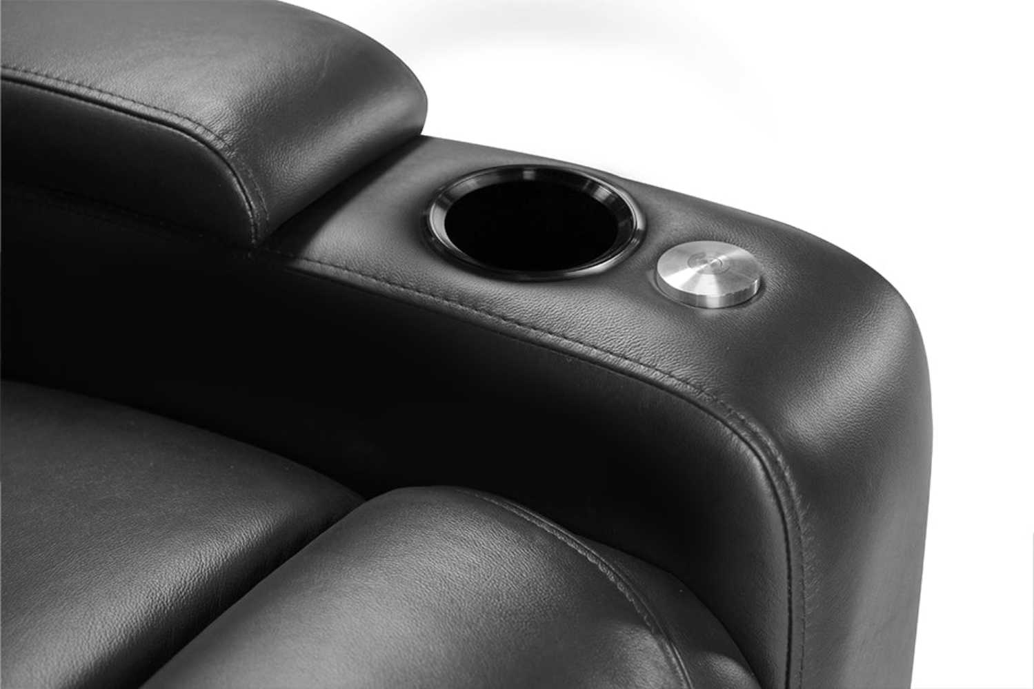 Valencia Oslo Nouvelle Home Theater Seating features a cup holder and sleek button controls integrated into the armrest for convenience