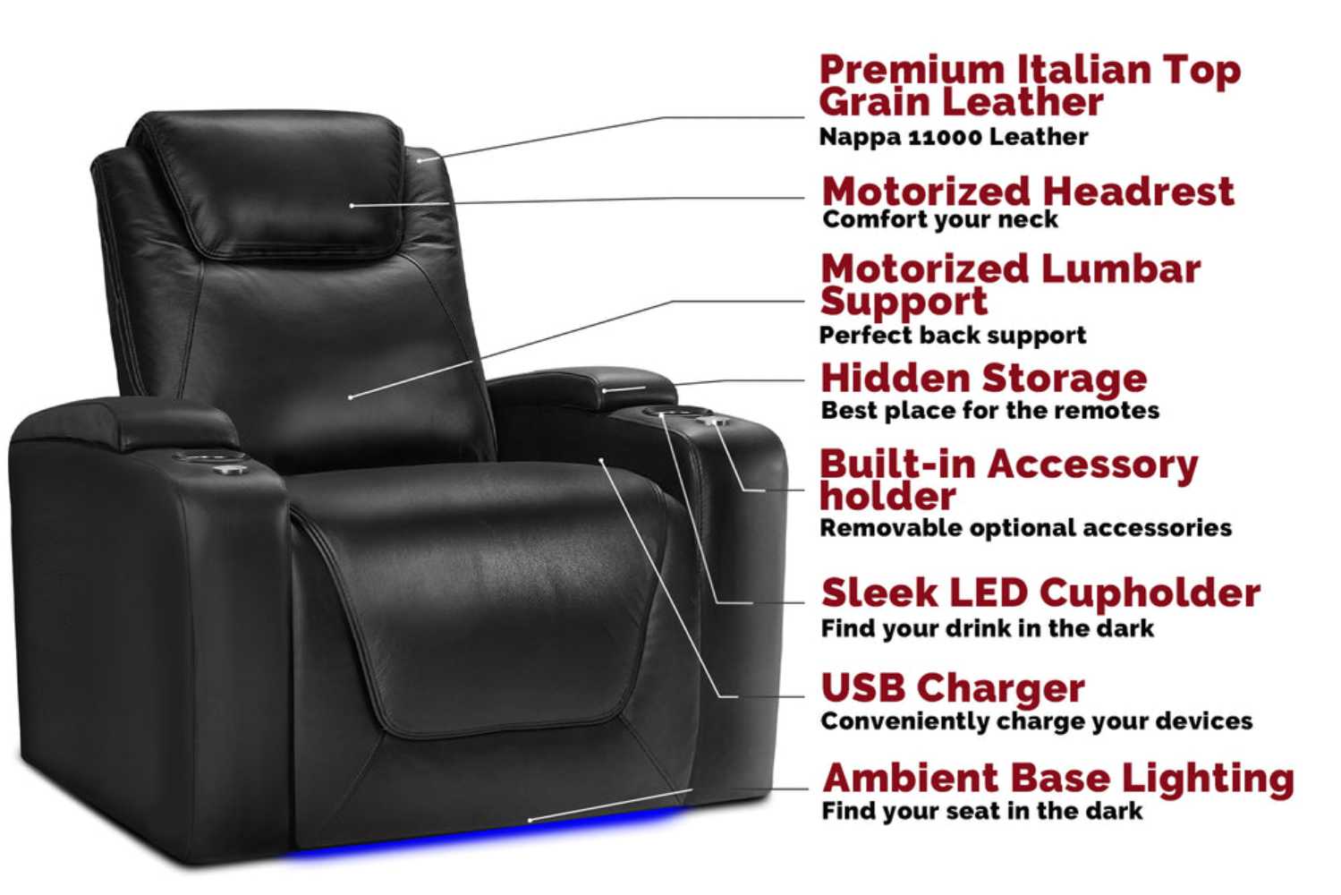 Valencia Oslo Nouvelle Home Theater Seating highlights premium features like motorized lumbar support, ambient lighting, and a USB charging port