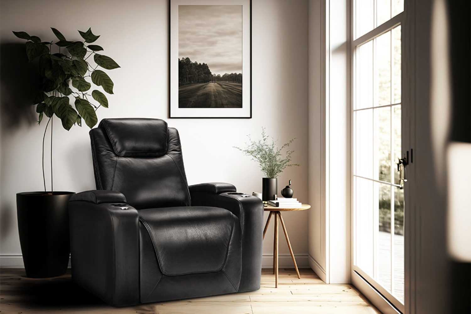 Valencia Oslo Nouvelle Home Theater Seating is shown as a sleek black recliner in a cozy, sunlit room