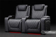 Valencia Oslo Ultimate Edition Home Theater Seating is shown as a sleek pair with red ambient lighting