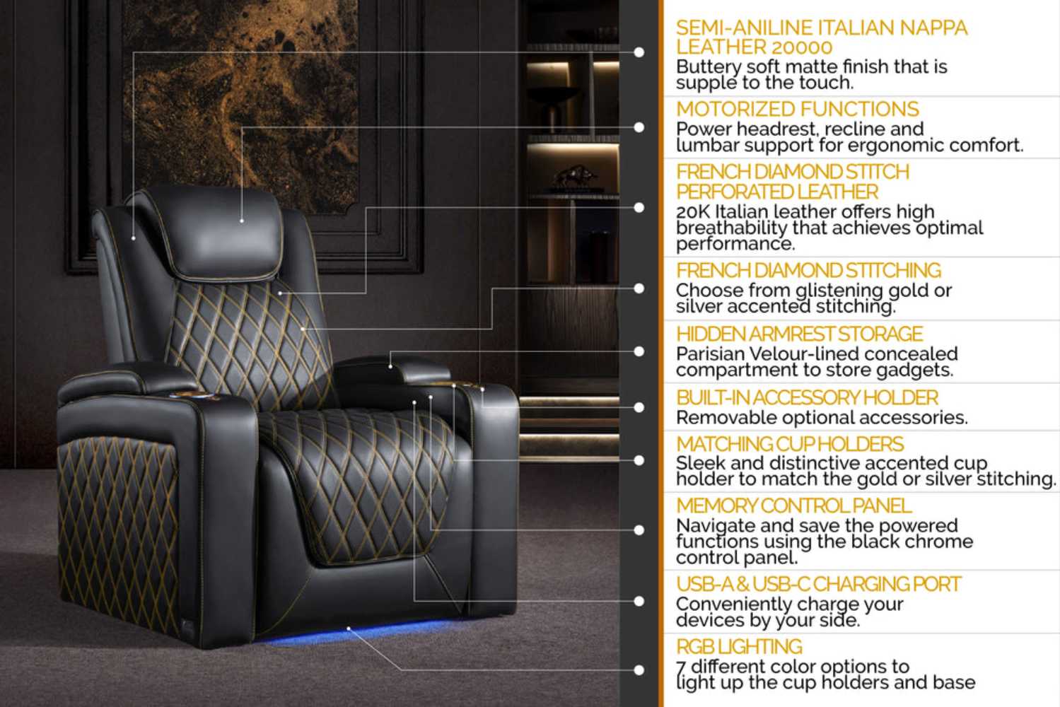 Valencia Oslo Ultimate Edition Home Theater Seating showcases luxurious semi-aniline leather, motorized recline, and ergonomic features for premium comfort