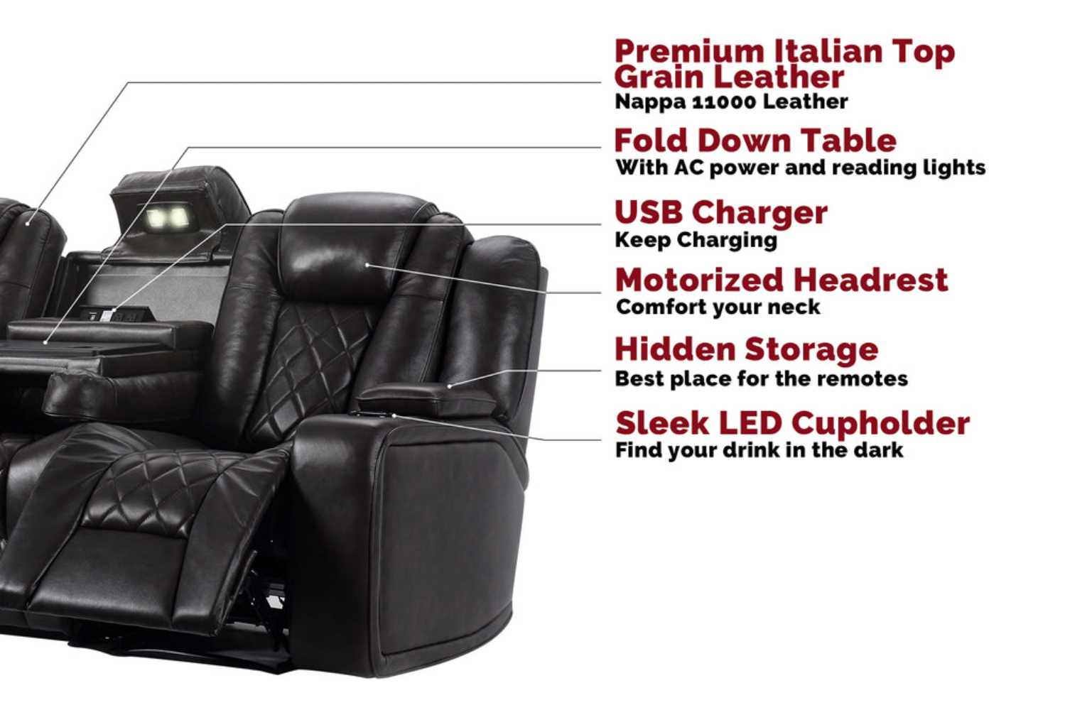 Valencia Oxford Console Edition Home Theater Seating is crafted with premium Italian leather, motorized features, hidden storage, and sleek LED cupholders