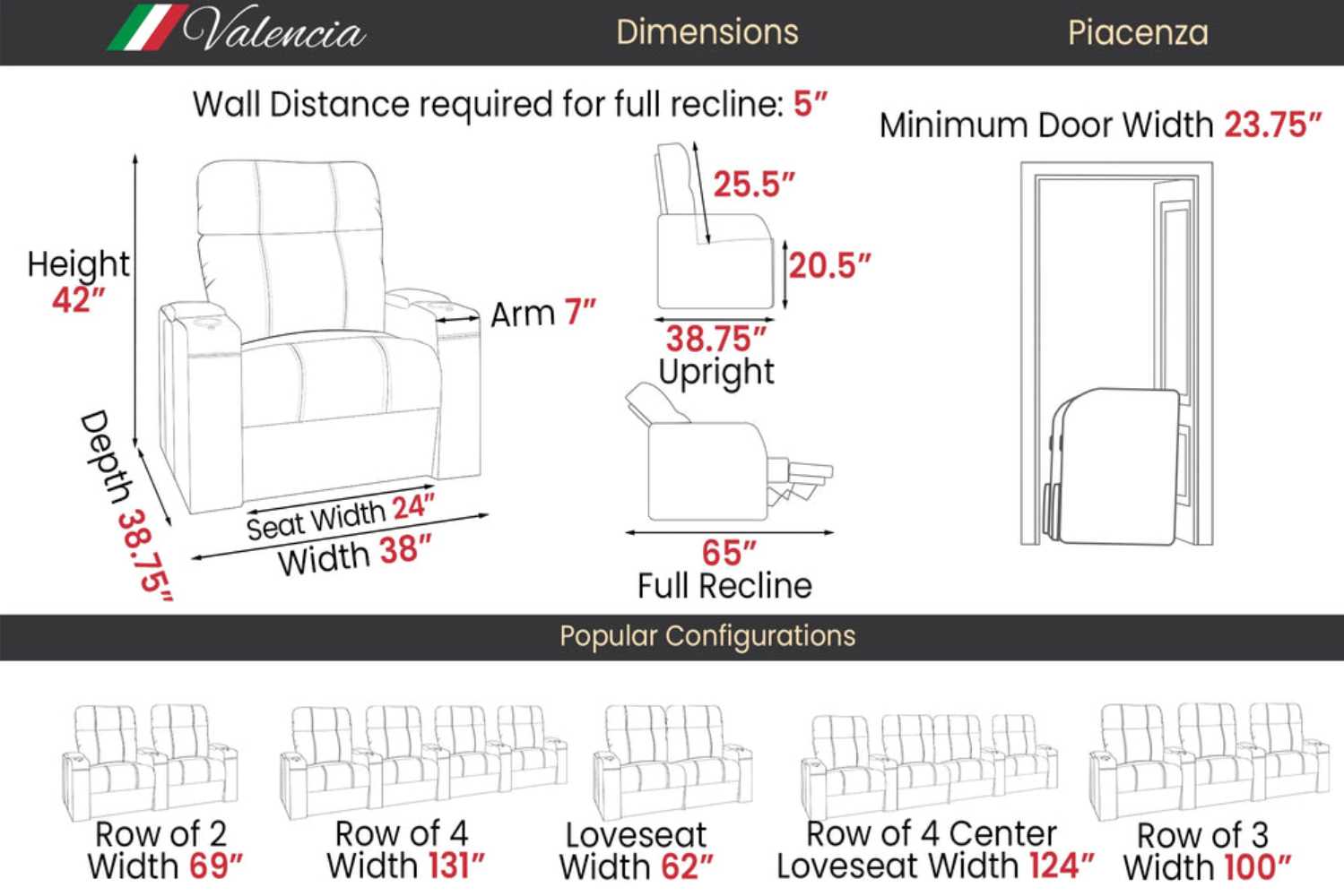 Valencia Piacenza Home Theater Seating dimensions showcase a space-saving design with multiple configurations for any home theater setup