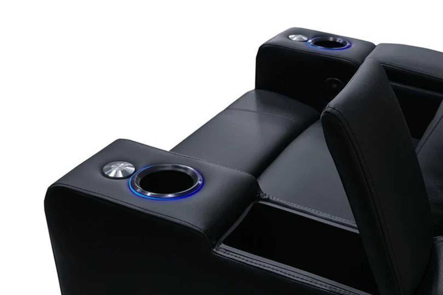 Valencia Piacenza Single Power Headrest Home Theater Seating armrest features LED cupholders and hidden storage