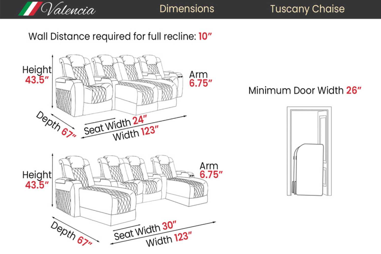 Valencia Tuscany Chaise Home Theater Seating has clearly marked dimensions