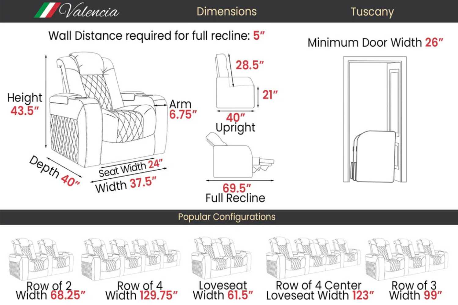 Valencia Tuscany Executive Heat & Massage Home Theater Seating dimensions chart