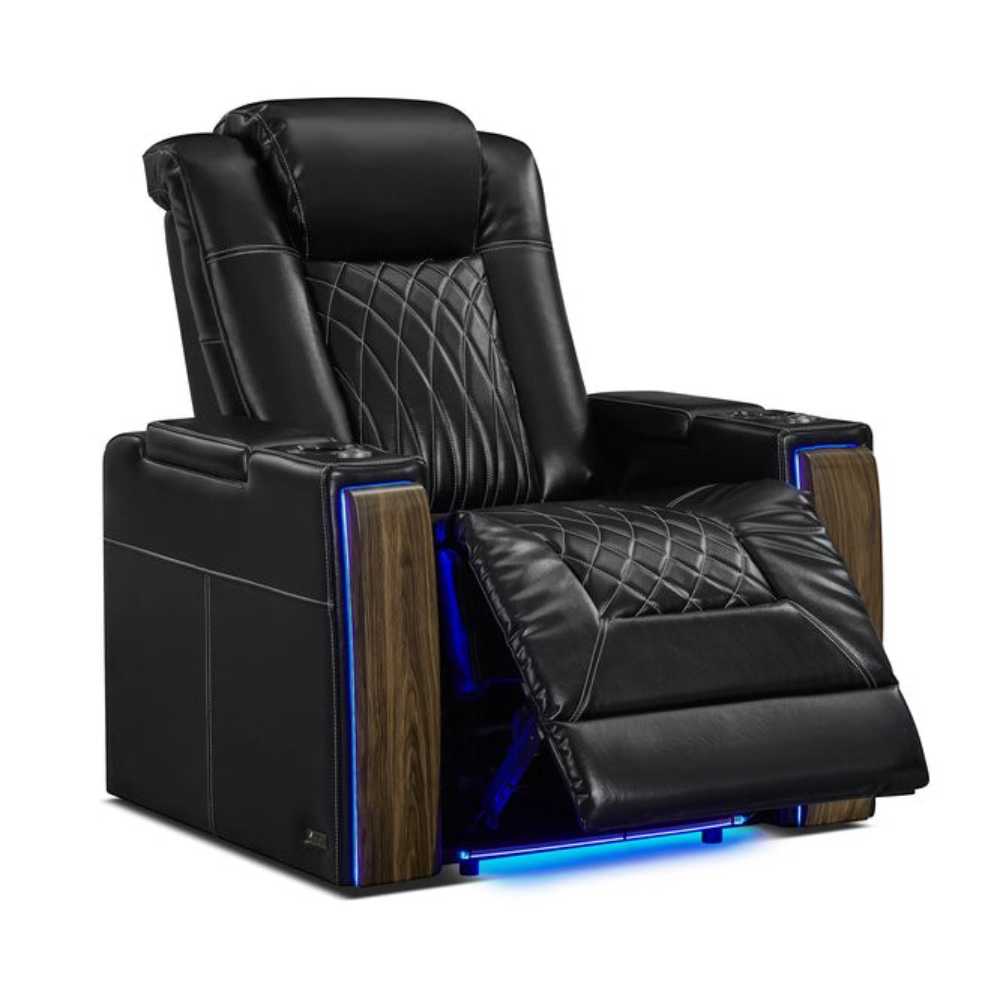 Valencia Tuscany Executive Heat & Massage Home Theater Seating features a fully reclined view with LED accents