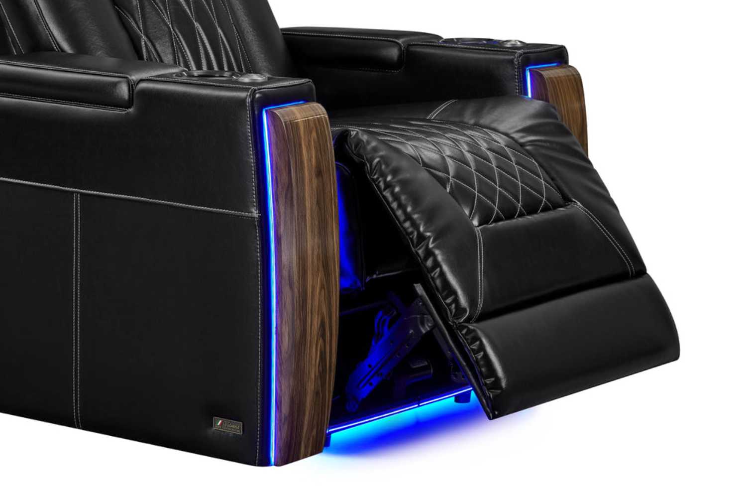 Valencia Tuscany Executive Heat & Massage Home Theater Seating showcases an open reclining seat with blue LED lighting beneath the chair