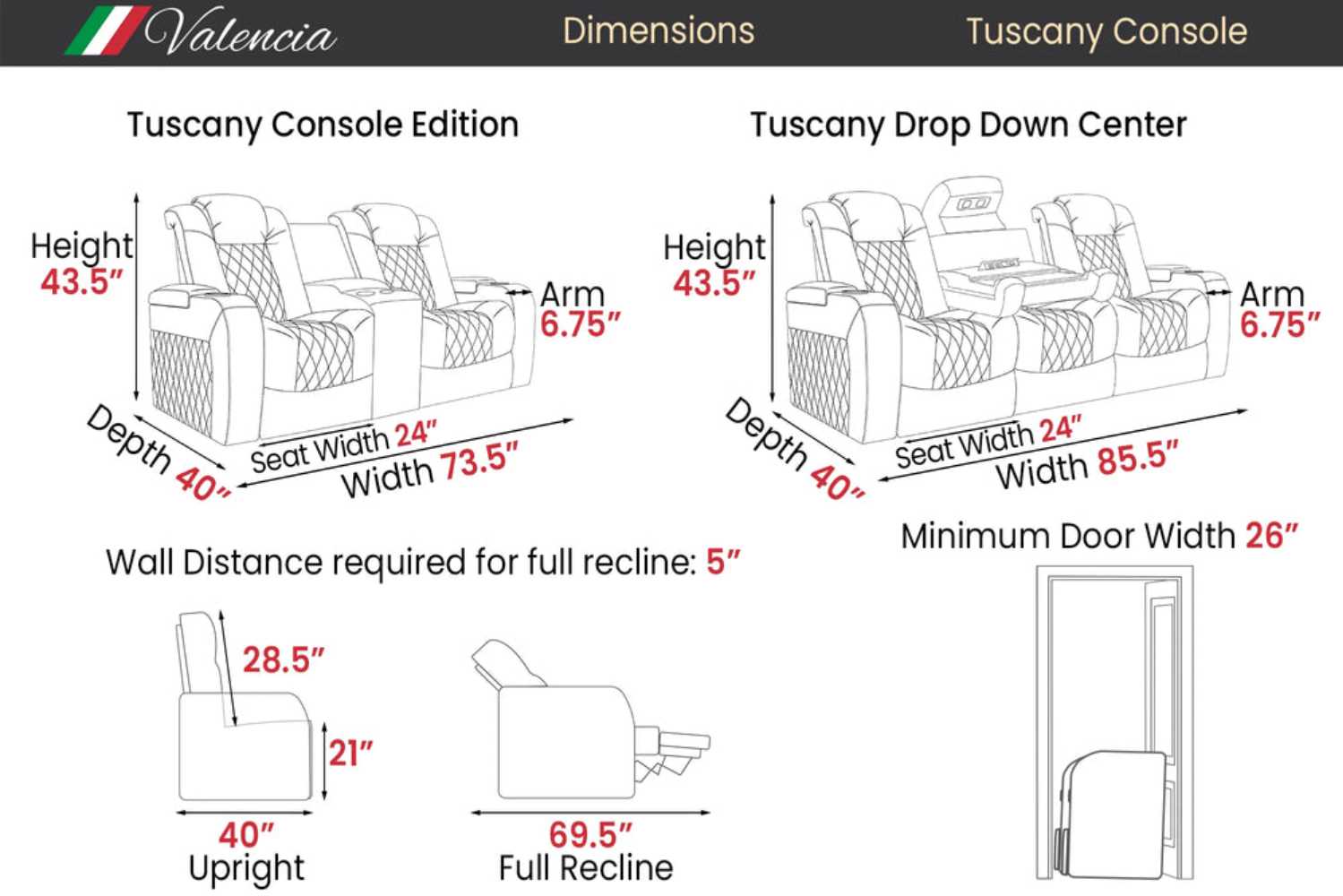 Valencia Tuscany Luxury Console Edition Home Theater Seating comes with spacious dimensions, ergonomic design, and a drop-down console table