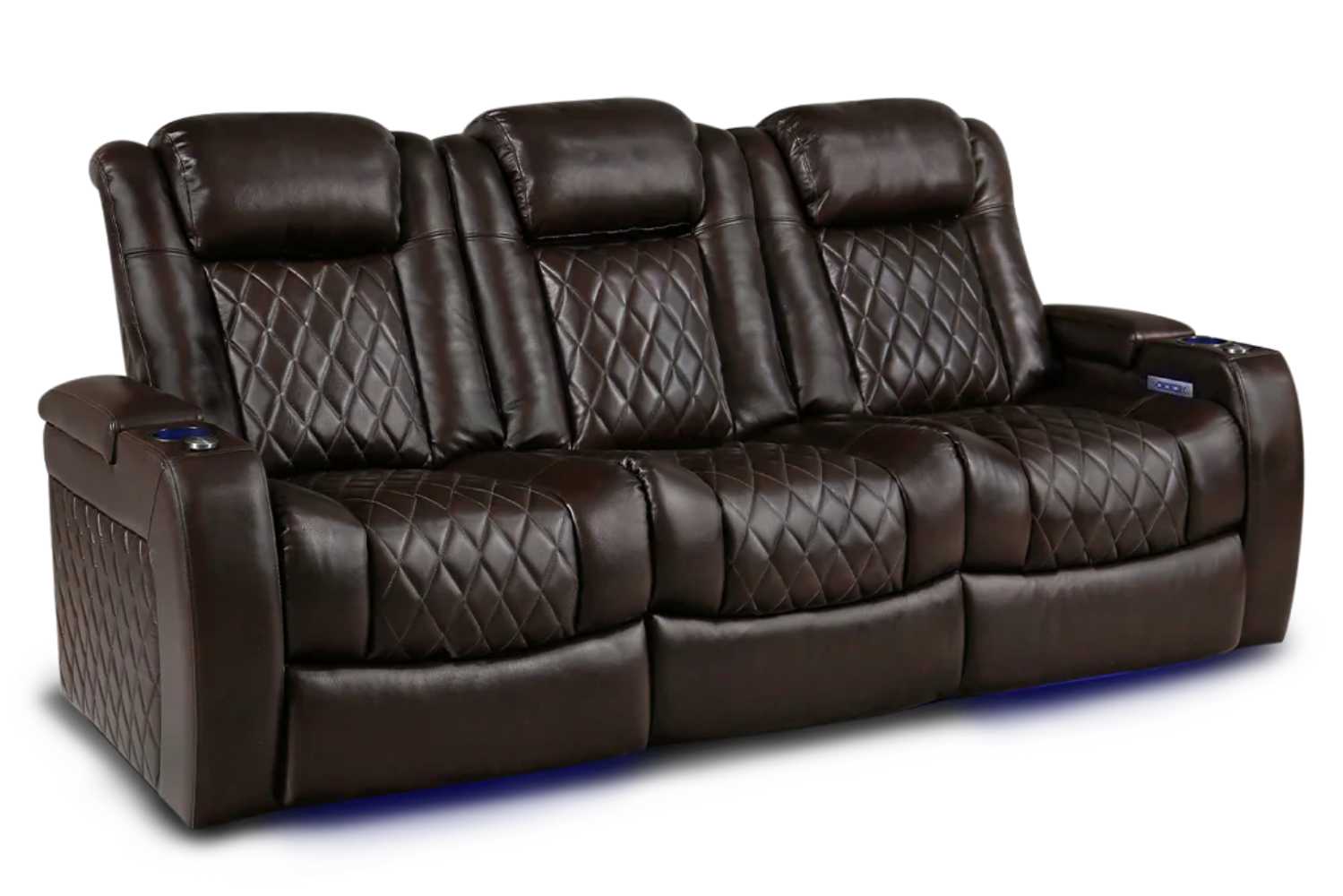 Valencia Tuscany XL Console Edition Home Theater Seating is shown as a luxurious dark chocolate-colored three-seat arrangement with diamond stitching and cupholders